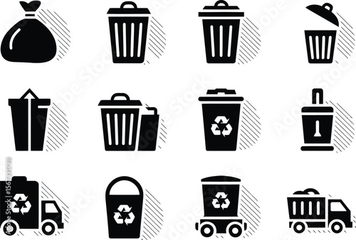 Black and White Recycling Waste Bin Icons Set trash