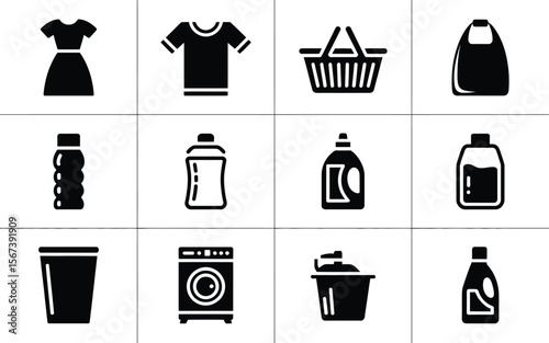 Black Laundry Icons Set Washing Machine Clothes Detergent