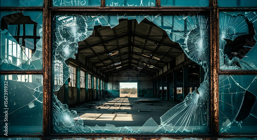 Shattered Reflections A View Of An Abandoned Warehouse Through Broken Glass