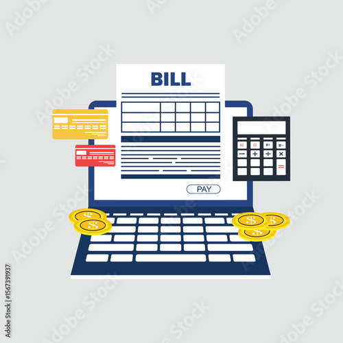 Online payment service. Checks and bills on the laptop screen