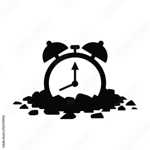 Alarm clock silhouette emerging from a pile of rubble and debris