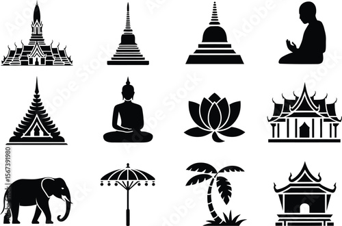 Black and White Thai Temple Icons Buddha Elephant Symbols