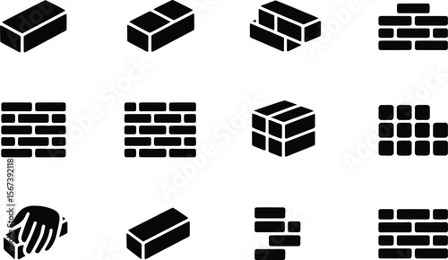 Black Brick Icons Set Construction Wall Building Blocks