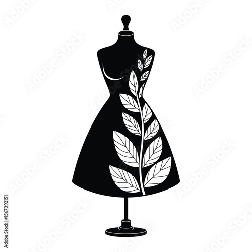 Black dress on a mannequin with a white leaf pattern and white background