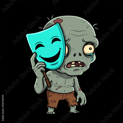 Cartoon zombie with a sad face and tears in one eye holding a cheerful blue mask, wearing torn brown shorts with visible wounds and stitches.
