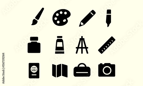 Art Supplies and Travel Essentials Icon Set  Perfect for Creative Projects