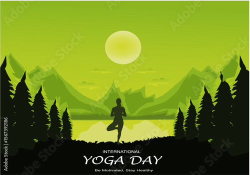 International yoga day vector illustration June 21. Woman doing yoga pose.