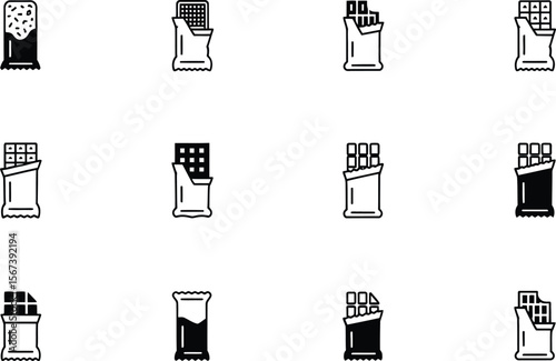 Twelve Chocolate Bar Icons Black and White Packaging Variations