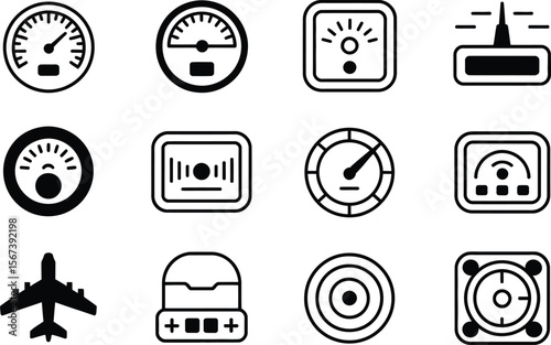 Black and White Airplane Cockpit Instrument Icons Set