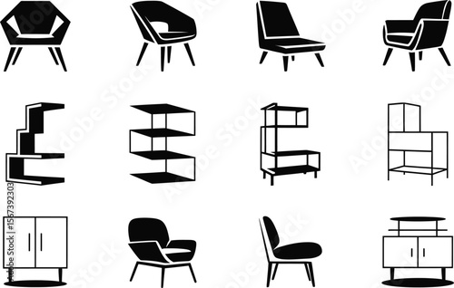 Black and White Mid Century Modern Furniture Icons Chairs Shelves Cabinets