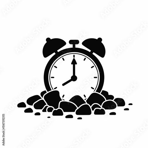 Alarm clock emerging from a pile of rocks symbolizing overcoming challenges