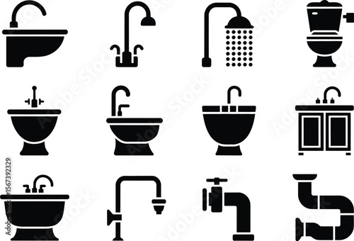Black Bathroom Fixtures Icons Set Sink Tub Shower Toilet