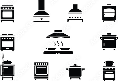 Black and White Kitchen Appliance Icons Set Stove Oven Range Hood Pot