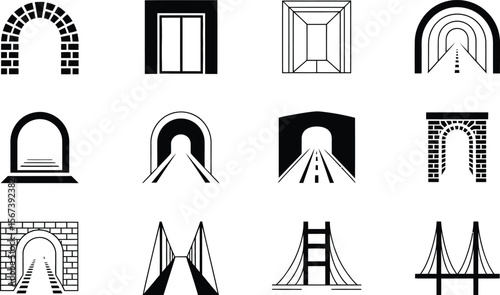Black and White Tunnel Bridge Archway Icons Set vector