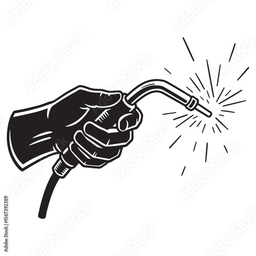 Black and white illustration of a hand welding with sparks and industrial equipment