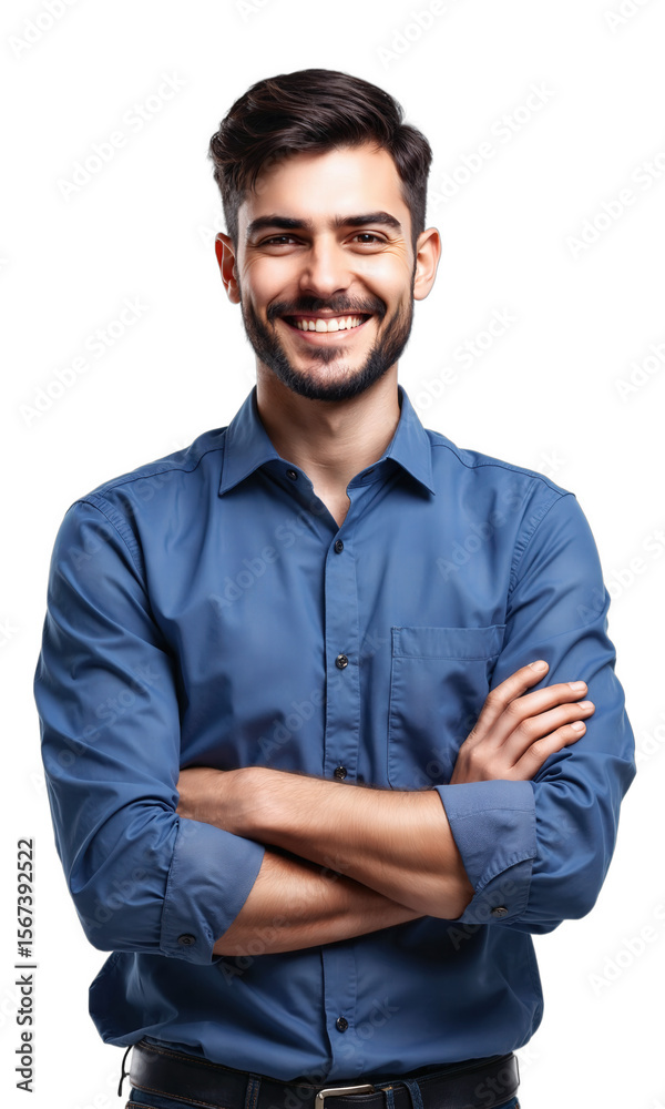 Naklejka premium Confident Young Man Portrait Isolated A medium shot features a young man with short dark hair and a beard, wearing