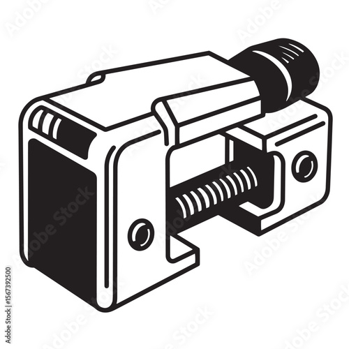 Black and white illustration of a mechanical vice clamping system with a detailed design