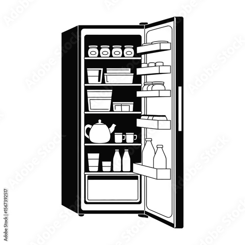 Open refrigerator filled with food and drinks on shelves and door compartments