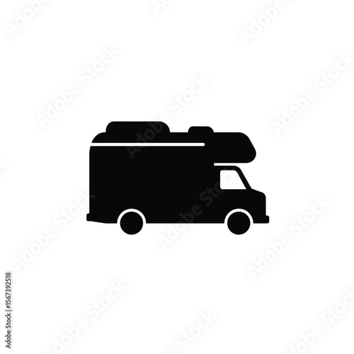 Black silhouette of a camper van on white vehicle travel