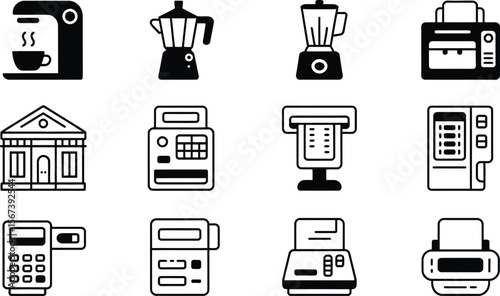 Black and White Icons of Appliances and Machines vector