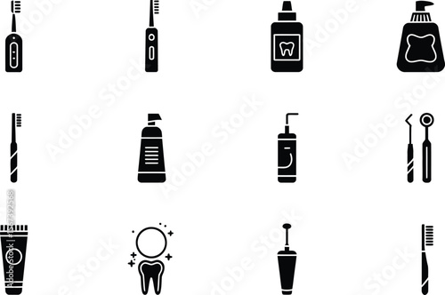 Black and White Dental Hygiene Icons Toothbrush Toothpaste Mouthwash