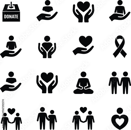 Charity donation love care support help community awareness volunteer organization icon set vector design
