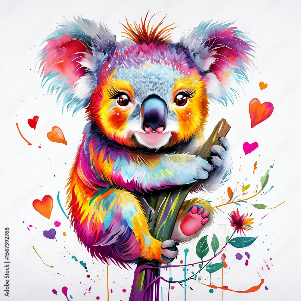 Fototapeta premium Koala multicolor rodeado de estrellas y corazones