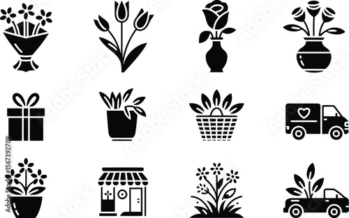 Black and White Flower Shop Icons Bouquet Tulips Roses Gift Basket Delivery Truck