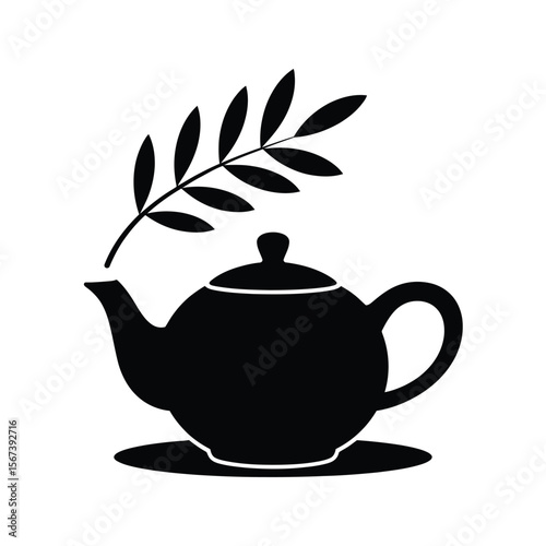 Black silhouette of a teapot with a sprig of leaves above the spout