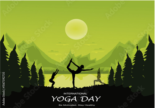 International yoga day vector illustration June 21. Woman doing yoga pose.