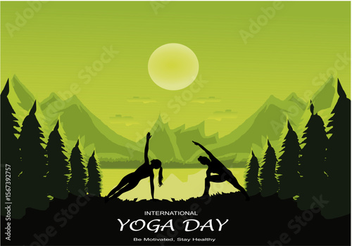 International yoga day vector illustration June 21. Woman doing yoga pose.