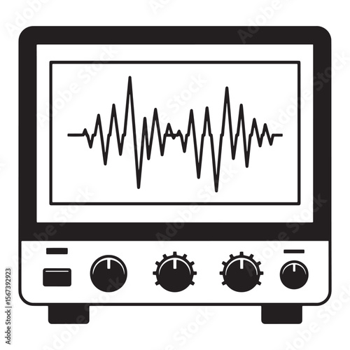 Black and white illustration of an electrocardiogram machine displaying heart activity signals