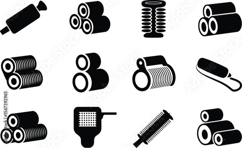 Black and White Hair Styling Tools Icons Set hair rollers