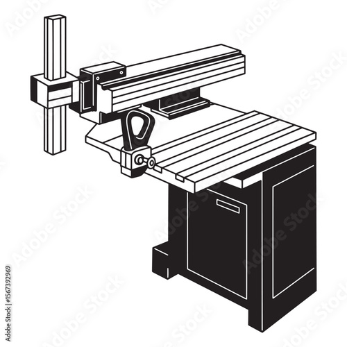 Black and white line art illustration of a woodworking table saw in profile view