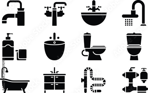 Black Bathroom Fixtures Icons Set Sink Toilet Bathtub Shower