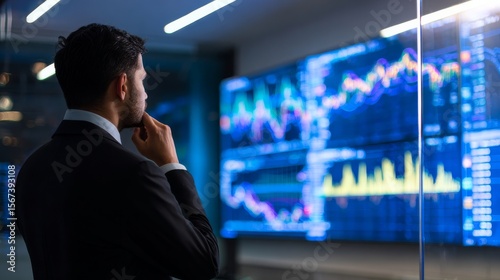 Professional man in black suit analyzing colorful financial graphs on digital screen, thoughtful pose, dimly lit room, focused atmosphere, data trends.