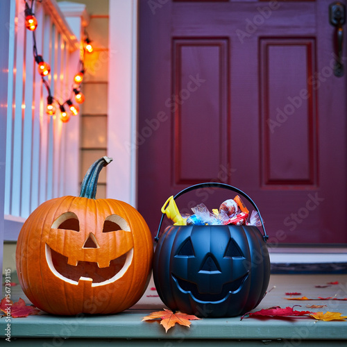 Happy Halloween carved pumpkin and candy bucket on front porch steps