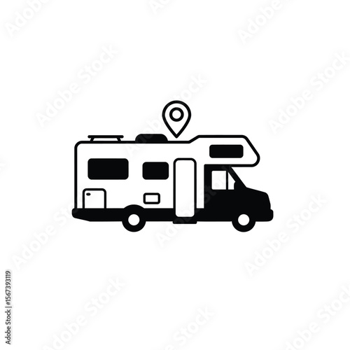 Black silhouette of a camper van with a G P S pin icon