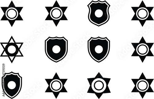 Black Six Pointed Stars and Shields Icons Set badge