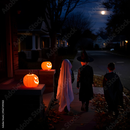 Children in Halloween Costumes Trick or Treating on a Spooky Night