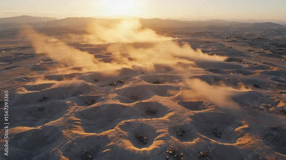 Aerial view of a desolate battlefield with deep craters, abandoned trenches, and rising dust clouds illuminated by the setting sun, realistic and dramatic.