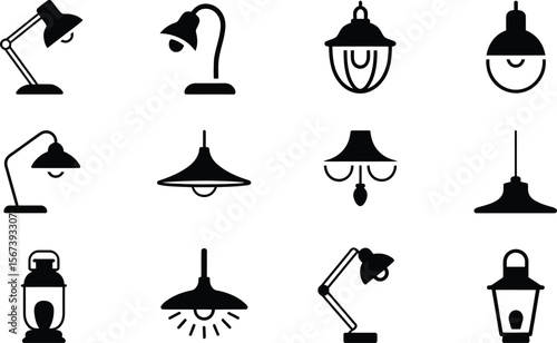 Black and White Lighting Fixture Icons Set Desk Lamps Pendant Lights Lantern