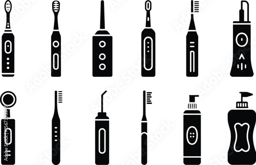Twelve Black Silhouettes of Oral Hygiene Tools toothbrush