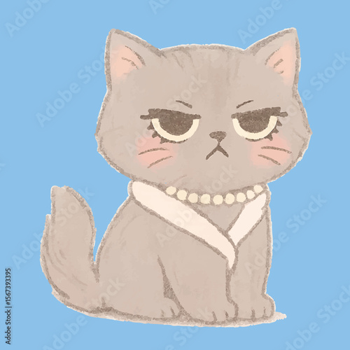 Grumpy cute Aristocrat Cat with Pearl Necklace