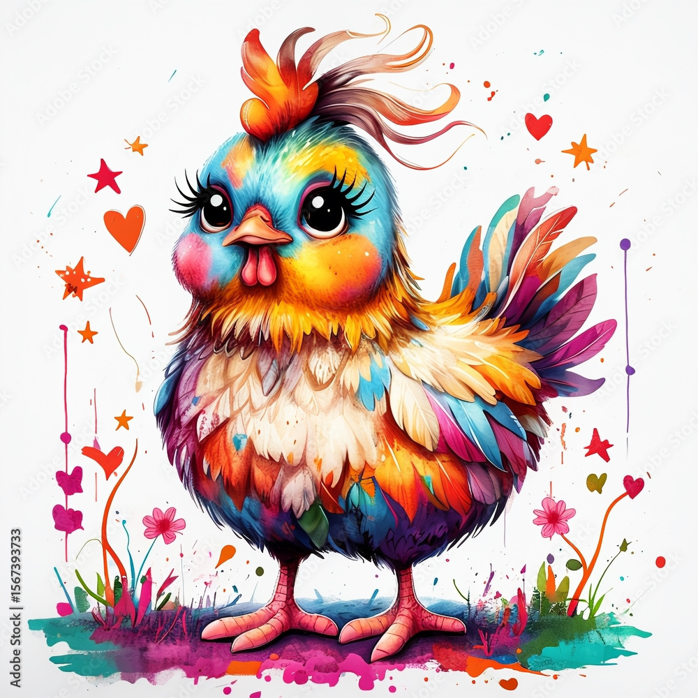 Fototapeta premium Gallina multicolor rodeada de estrellas y corazones