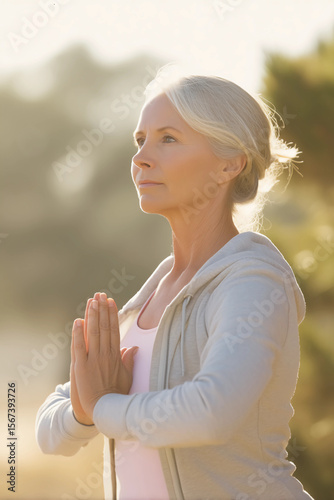 Elderly Woman in Meditation Pose with Sunset Light - Mental Health and Mindfulness