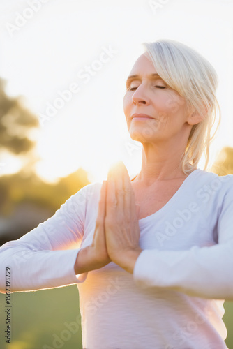 Elderly Woman in Meditation Pose with Sunset Light - Mental Health and Mindfulness