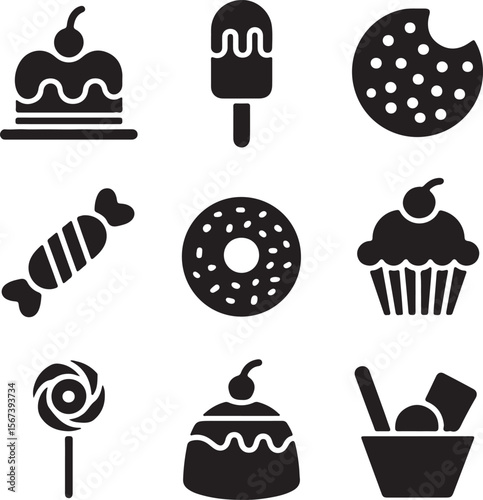 Sweet Treats Icons Cake, Ice Cream, Cookie, Candy, Donut, Cupcake, Lollipop, Pudding, Ice Cream