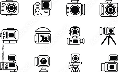 Twelve Black and White Action Camera Icons line art