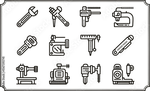 Twelve Black Line Engineering Tools Icons Set wrench